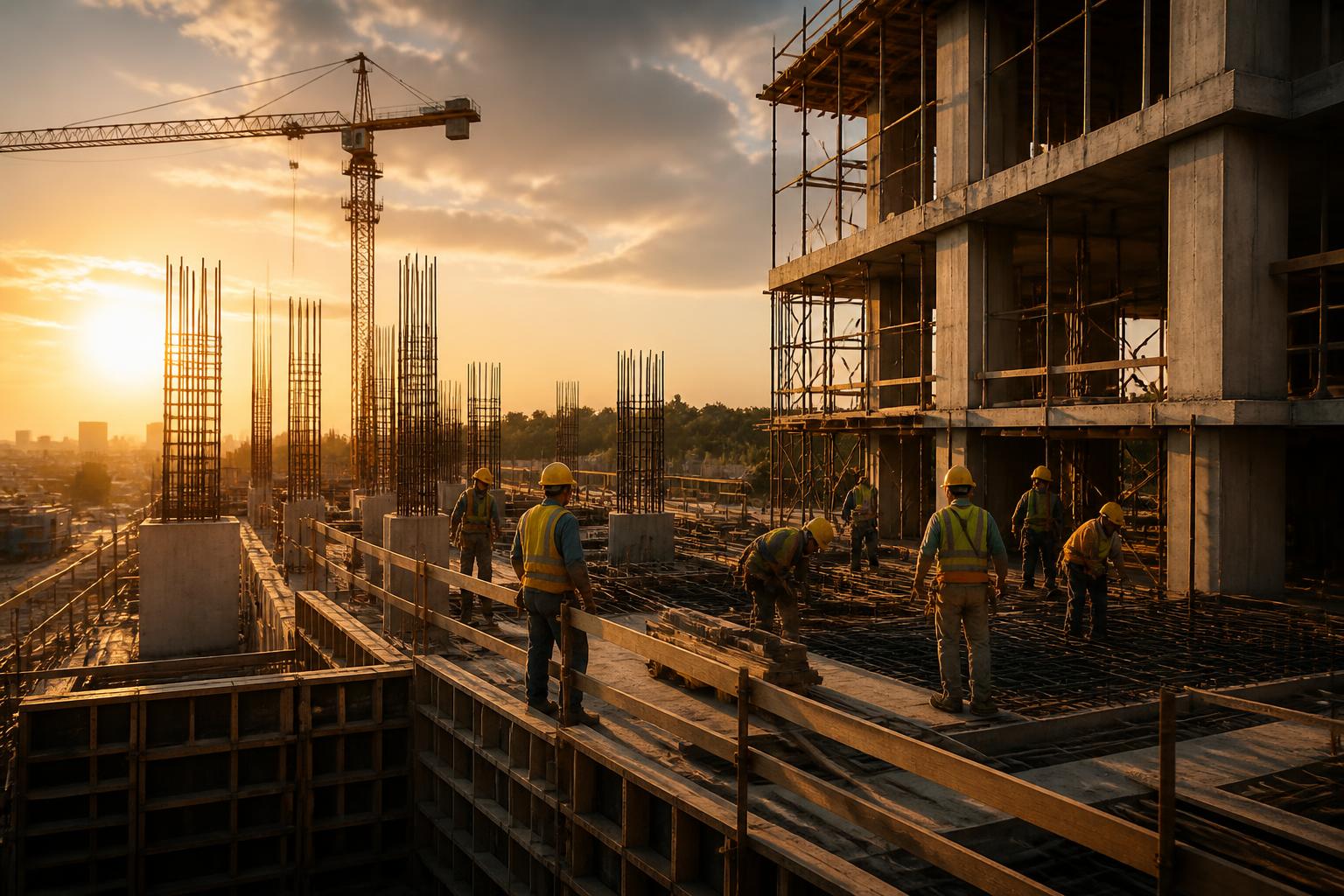 Obra de construção civil em andamento ao entardecer